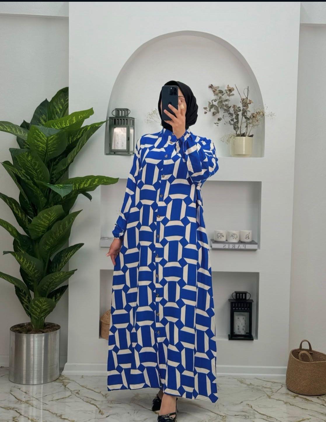 0015 Yeni Sezon Boydan Düğmeli Kamelya Elbise Renk Mavi  