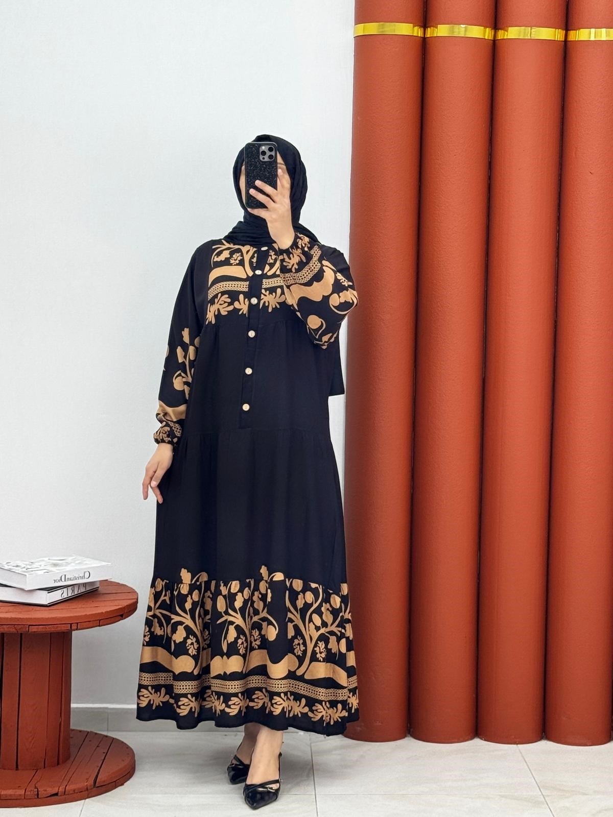 9397 Alaçatı yarım dügmeli elbise siyah kahverengi