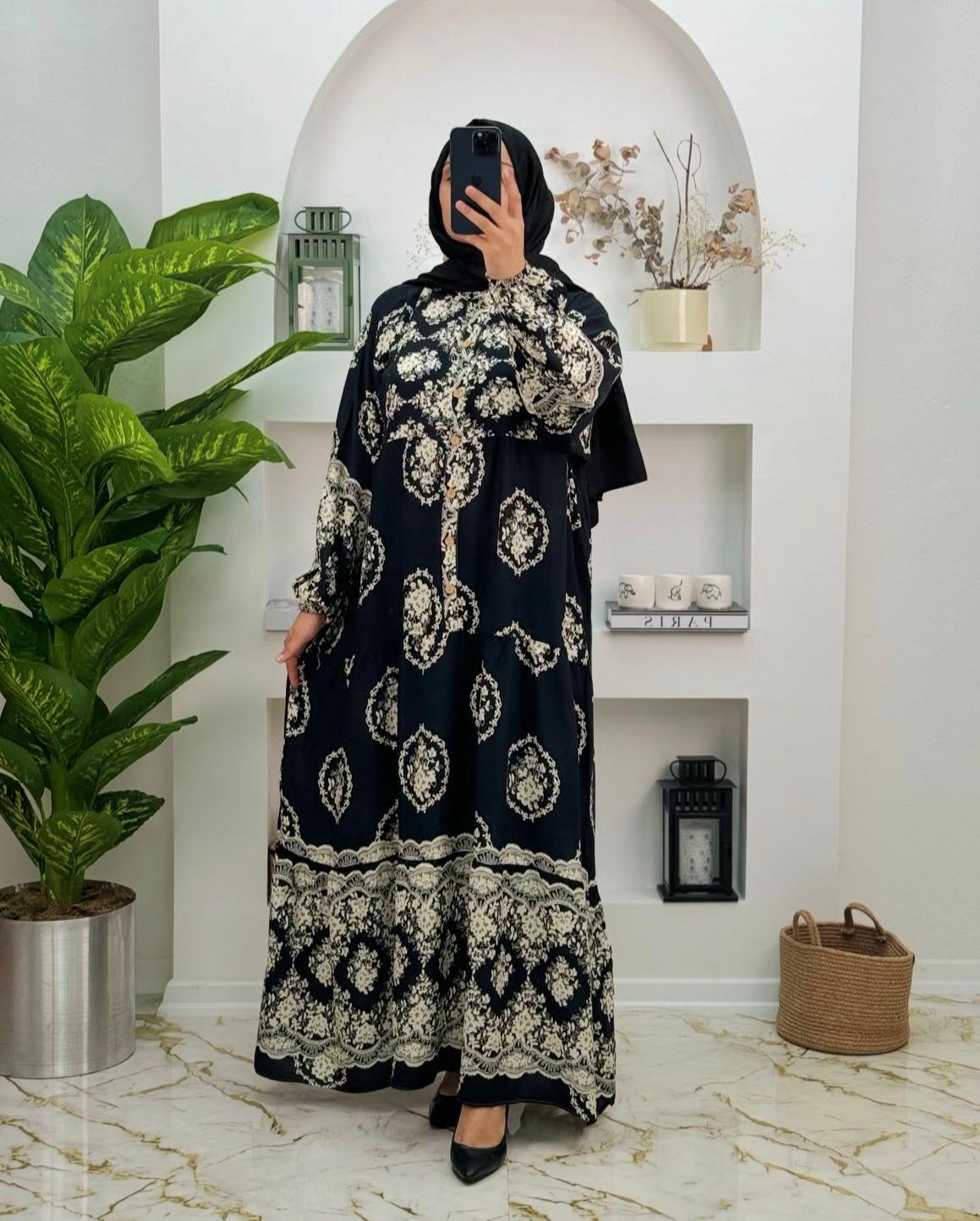 1675 viskon pamuklu yeni sezon tugra desen elbise siyah 