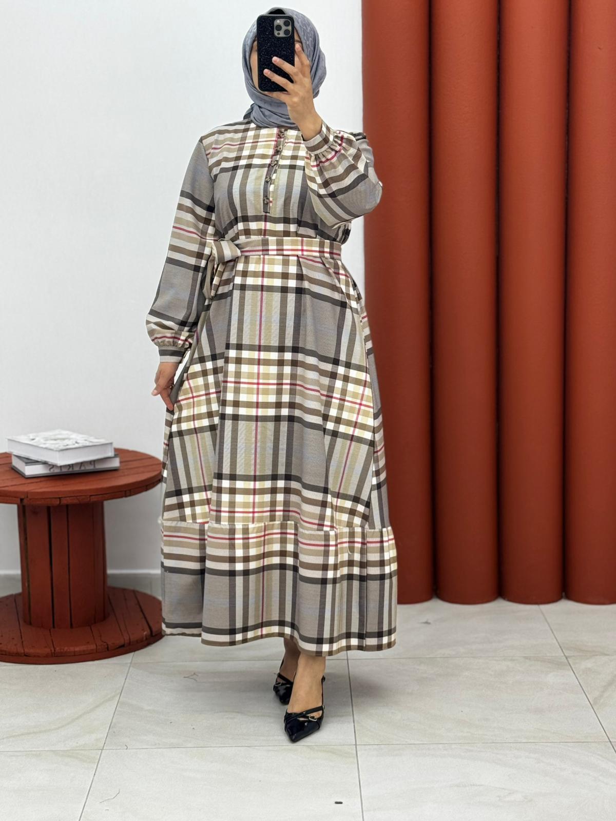 6878 ekose yarım dügmeli elbise  kahverengi