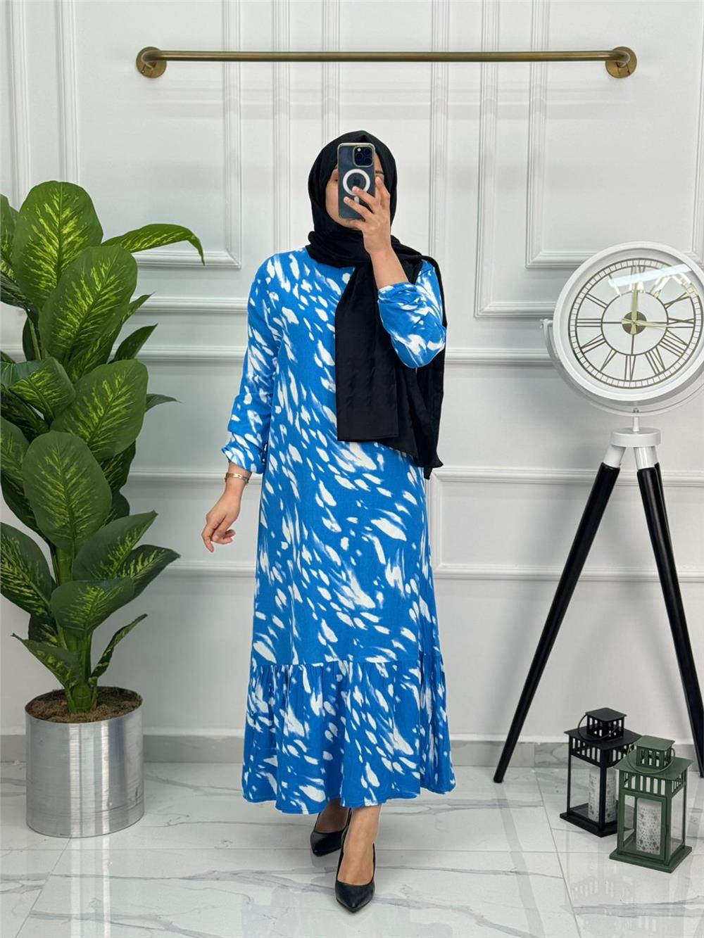 Yeni Sezon Desenli Viskon Pamuklu Elbise Seyyar Kemerli 047 Mavi