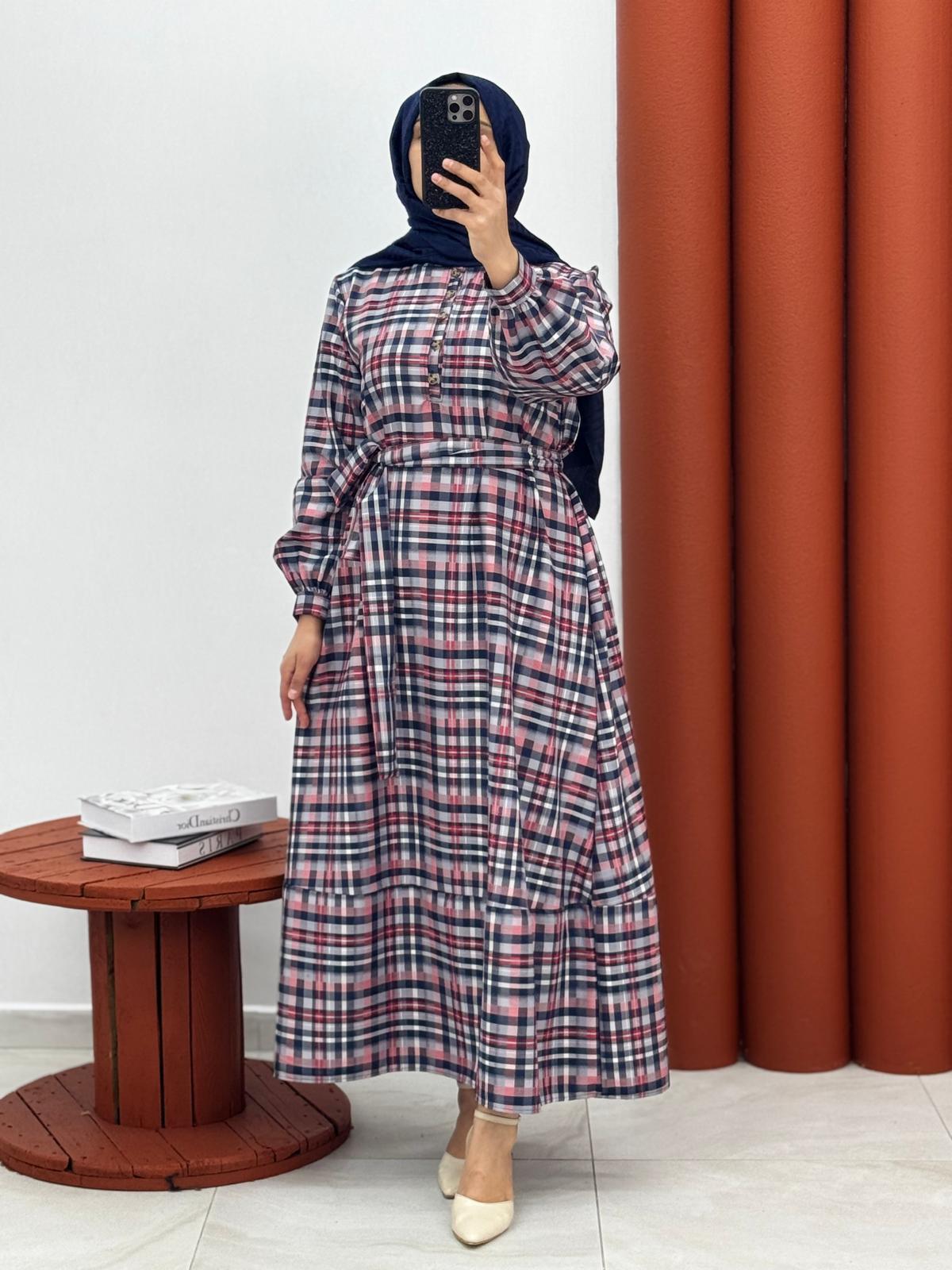 2732 yarım dügmeli kareli ekose kırmızı 