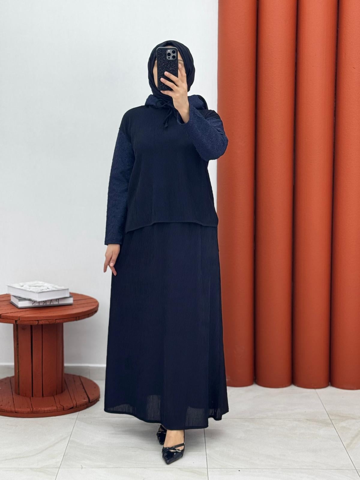 9076 burgu kapşonlu kolu desenli lacivert