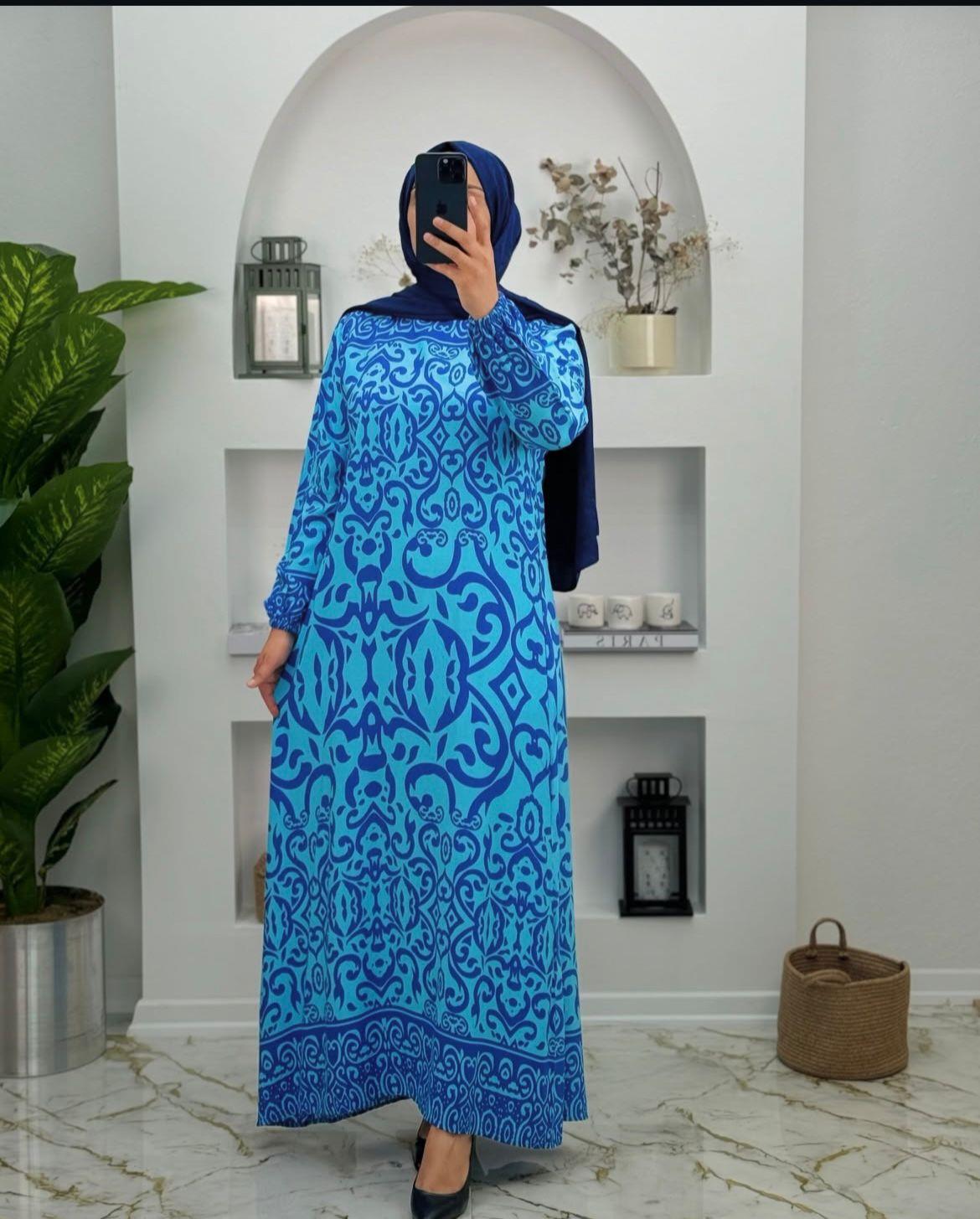 4565 Yeni Sezon Viskon Kumaş Seyyar Kemerli Etnik Desen Tuğba Elbise Renk Mavi 