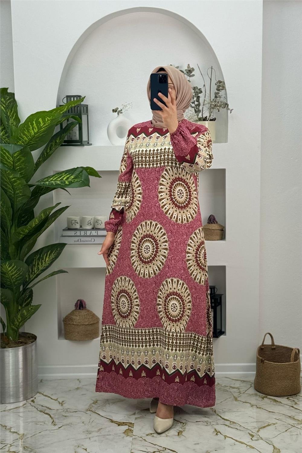 1649 Viskon Kumaş Yeni Sezon Pamuklu Elbise Pembe