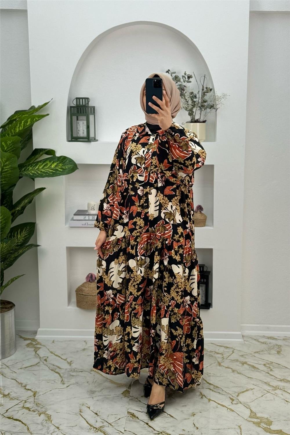 Viskon Kumaş Yeni Sezon Yeni Desen Yarım Düğmeli Belinay Elbise 0198 Kahverengi