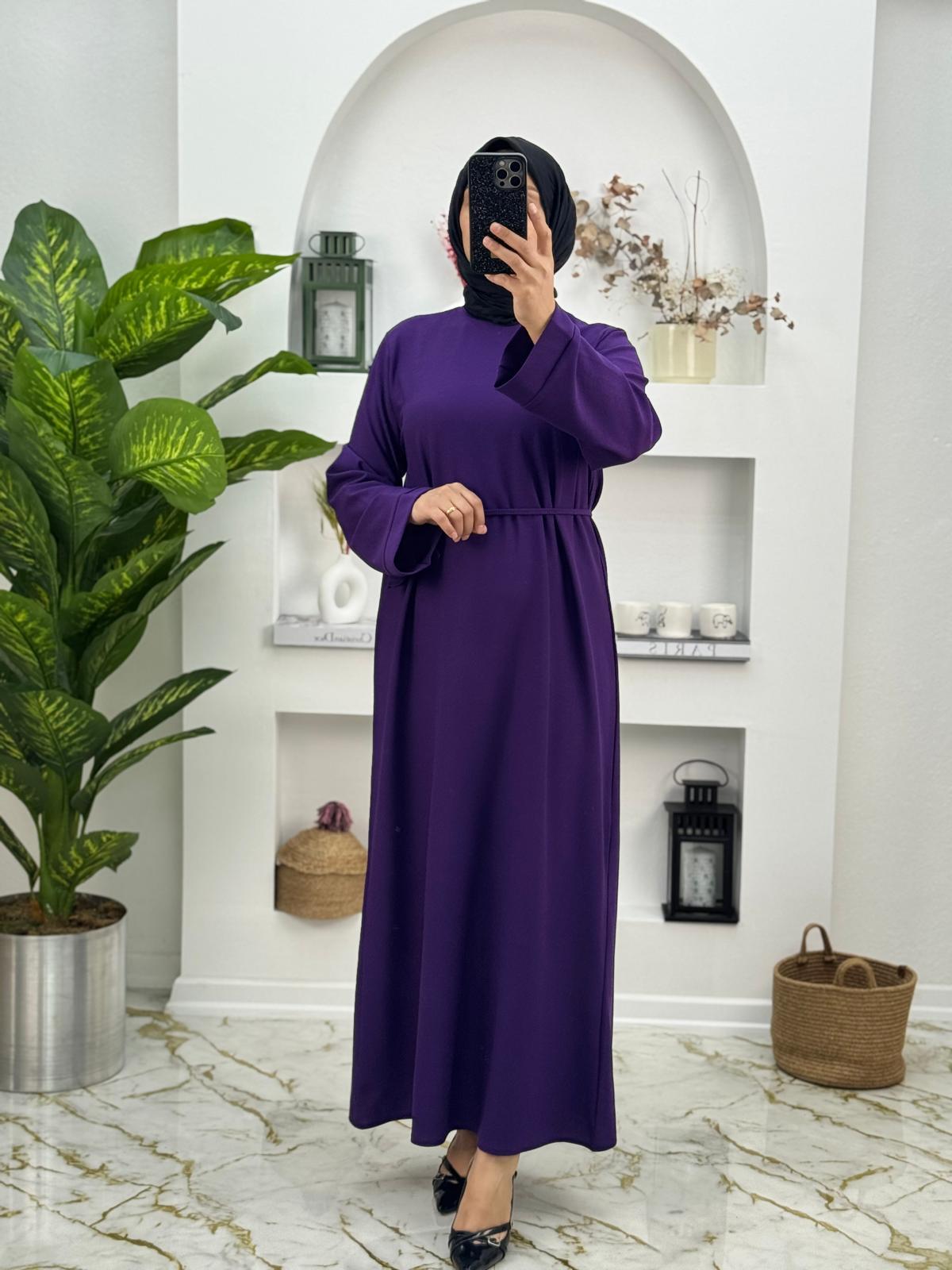 8765 Sukubakumaş  Krep bol ko düz elbise seyyar kemerli elbise renk mor