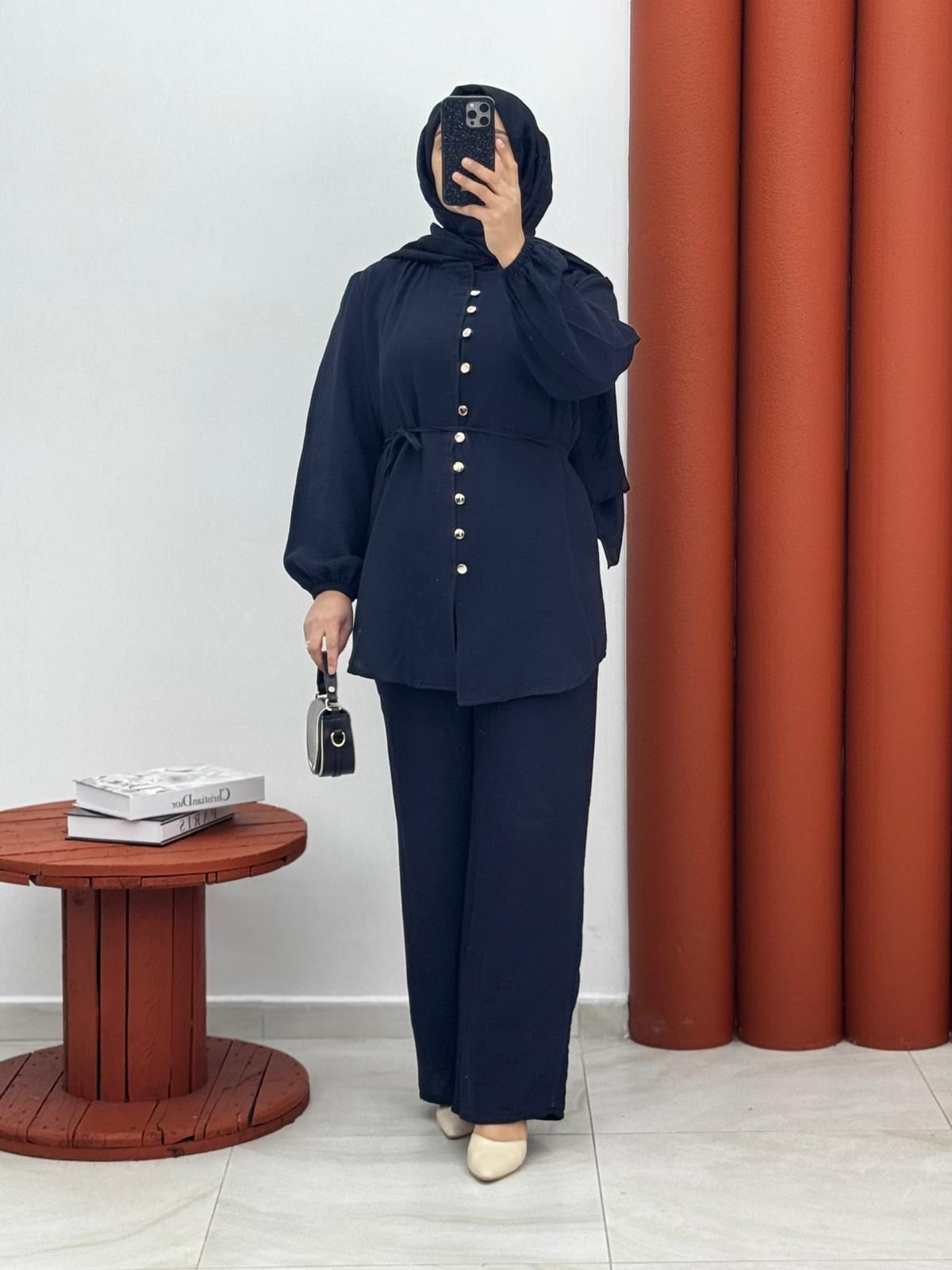 5869 Müslin kumaş dügmeli ikili takım siyah