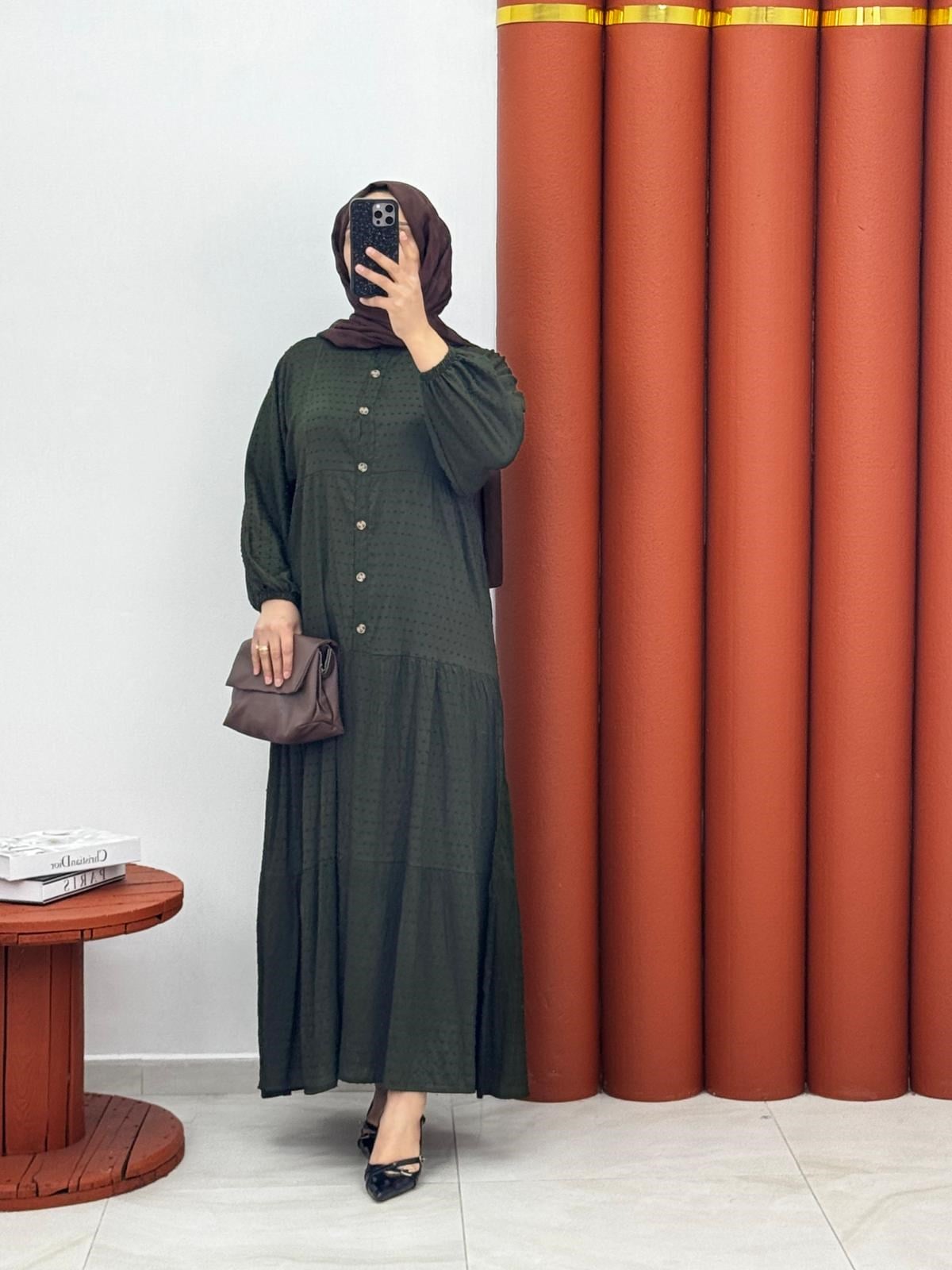 5624 Kırnkil  ponpon kumaş elbise yeşil