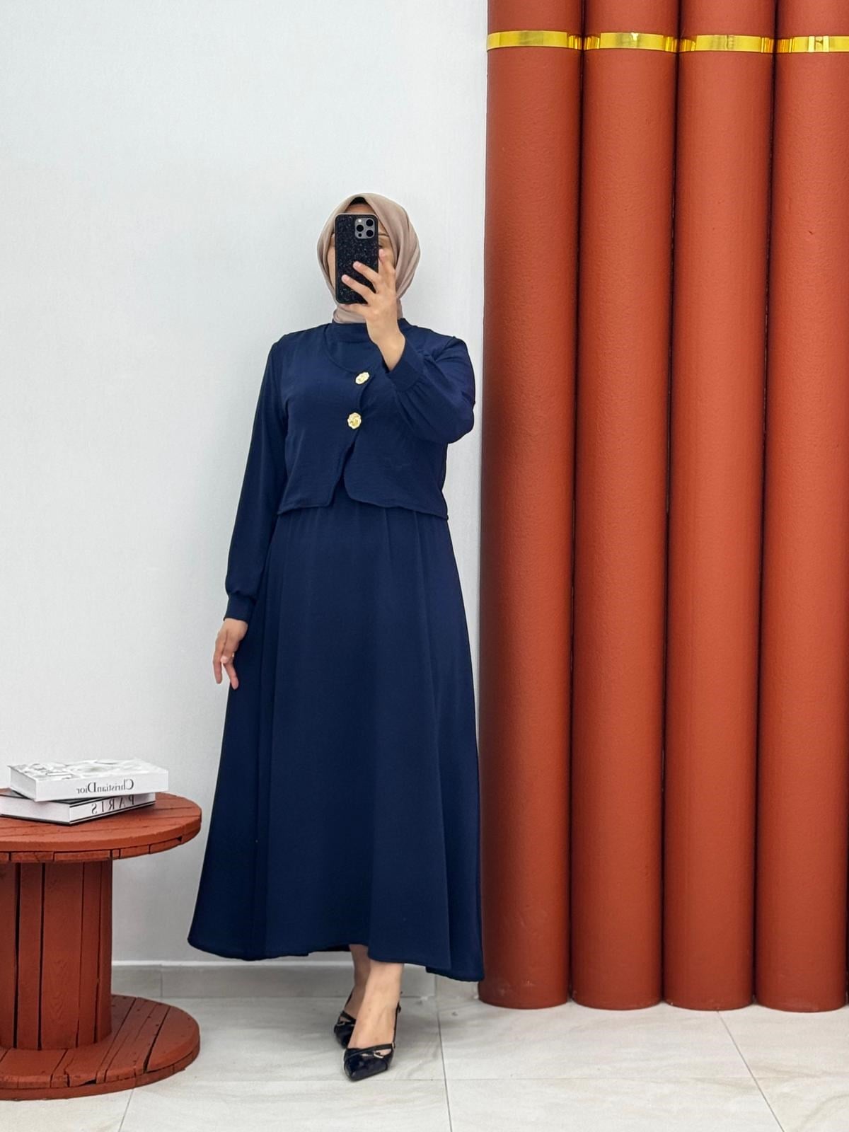 7698 Airobin kumaş yelekli elbise lacivert