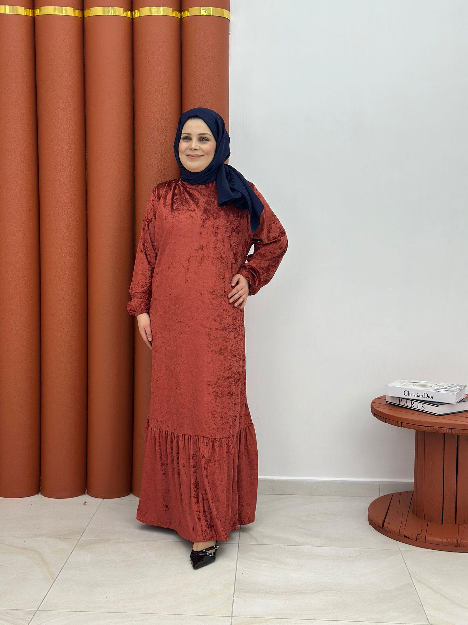 8282 kadife pamuklu elbise koyu kiremit