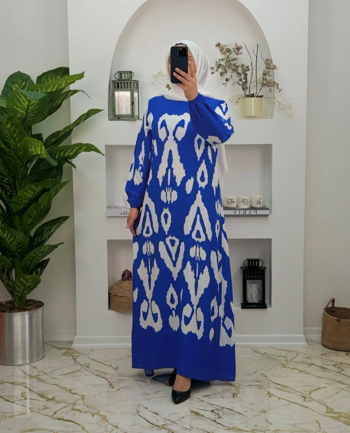 4721 Yeni Sezon Viskon Kumaş Etnik Desen Elbise Renk Mavi Beyaz  