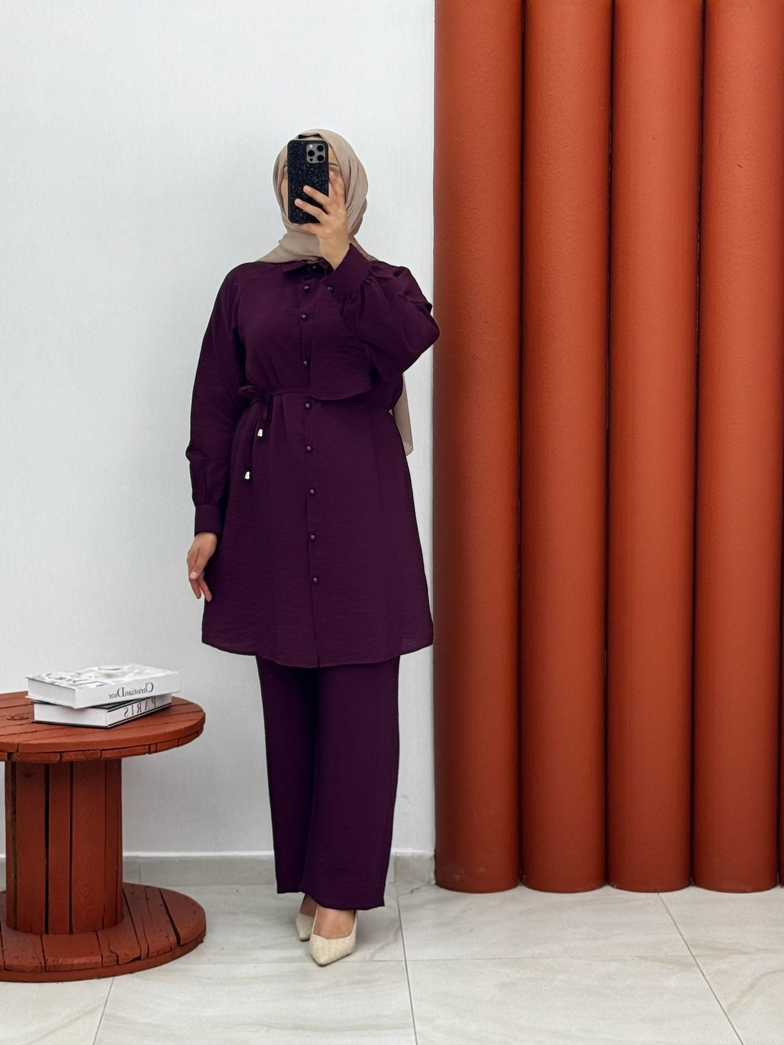 9578 yeni sezon airobin kumaş önden düğmeli ikili takım renk mürdüm 