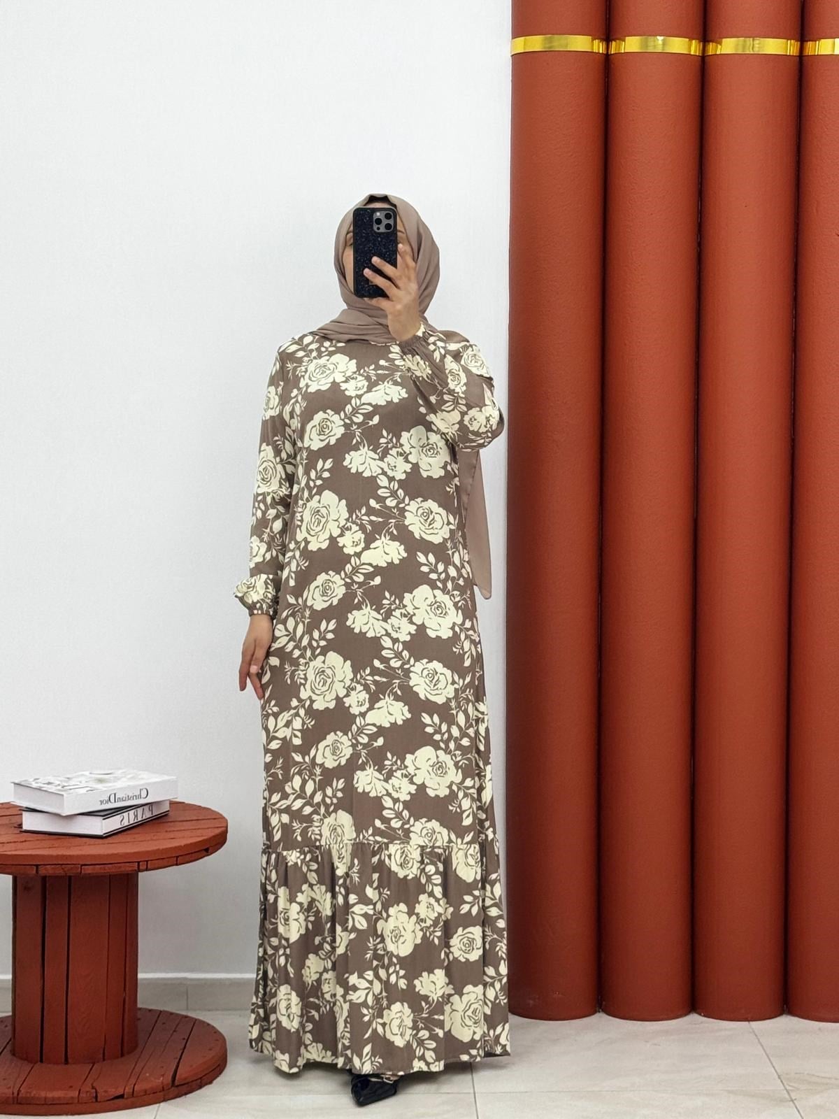 0076 Viskon pamuklu elbise kahverengi