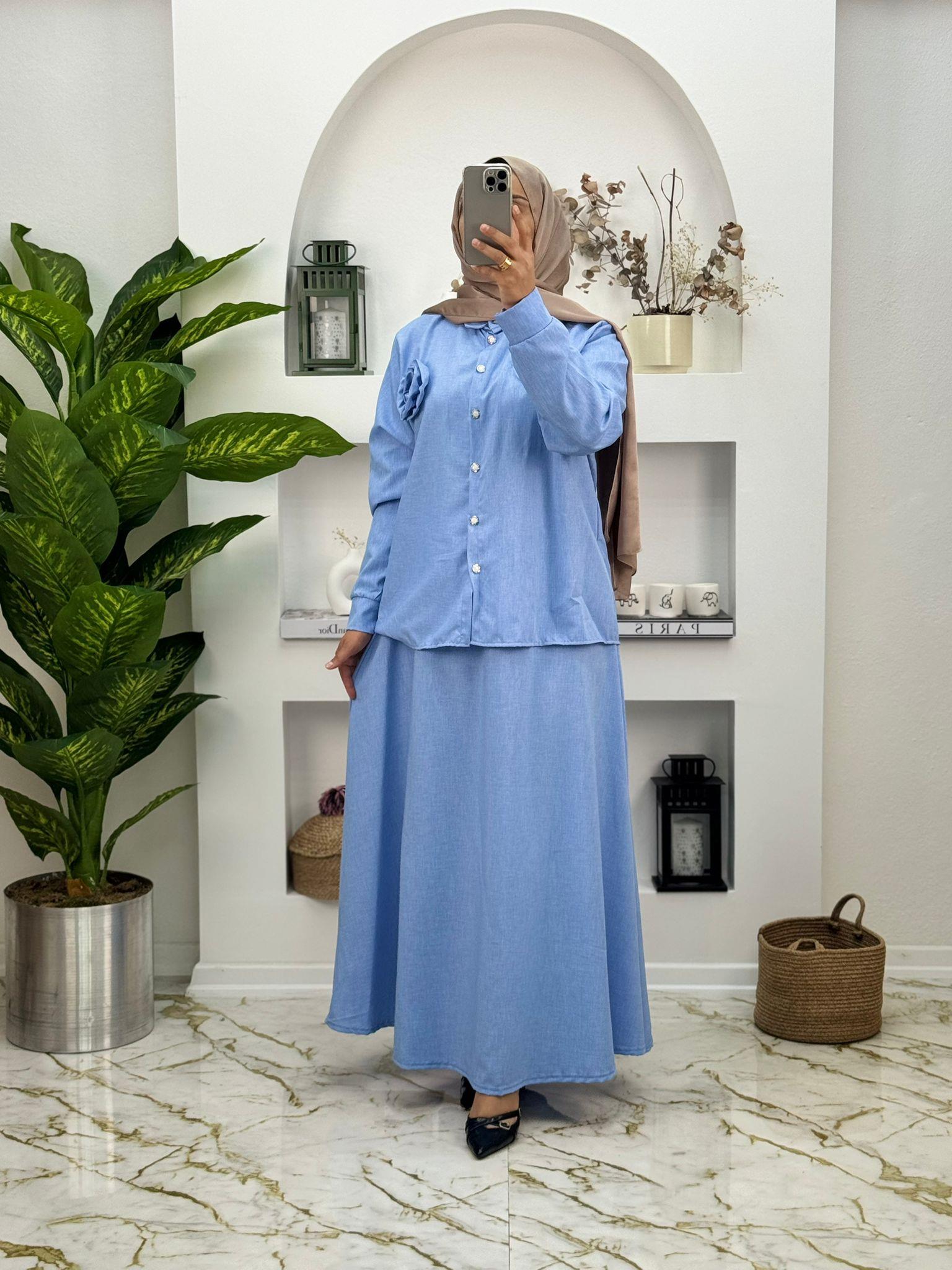 2545 Sofia Keten Kumaş Gül Detaylı Etekli Takım Renk Mavi