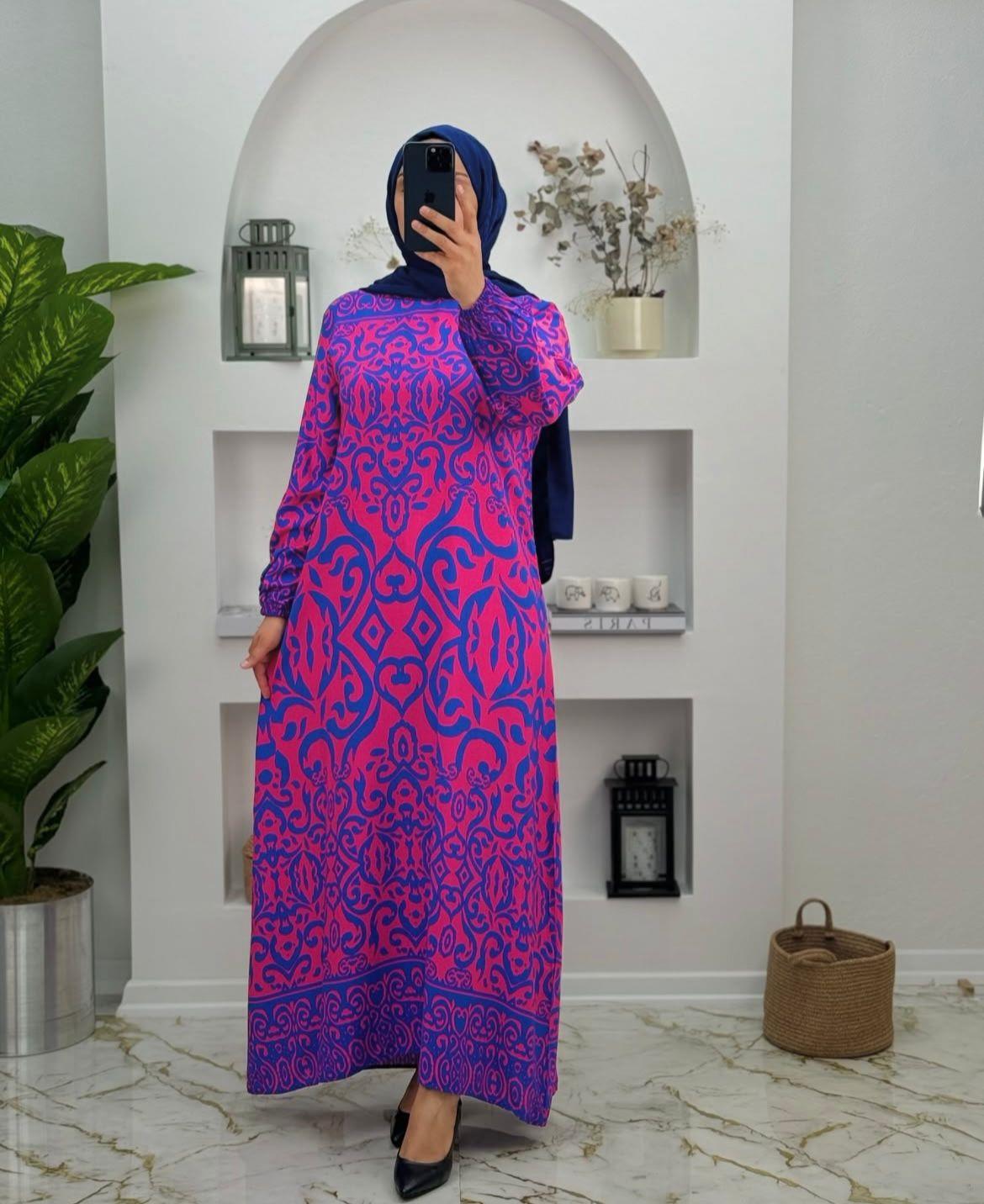 4565 Yeni Sezon Viskon Kumaş Seyyar Kemerli Etnik Desen Tuğba Elbise Renk Pembe