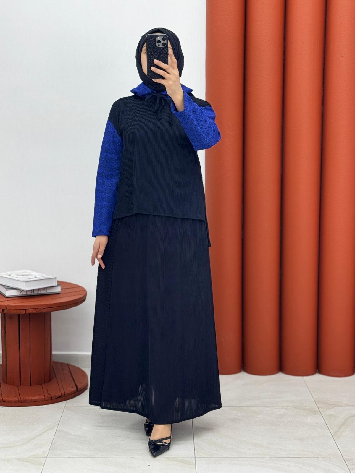 9076 burgu kapşonlu kolu desenli mavi