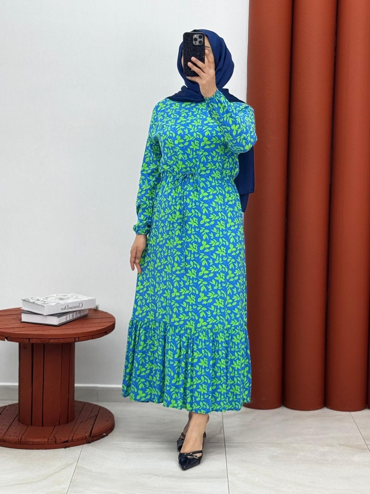 4589 Viskon çiçekli yeşil mavi