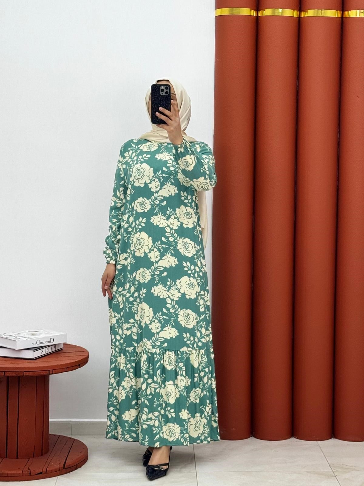 0076 Viskon pamuklu elbise yeşil