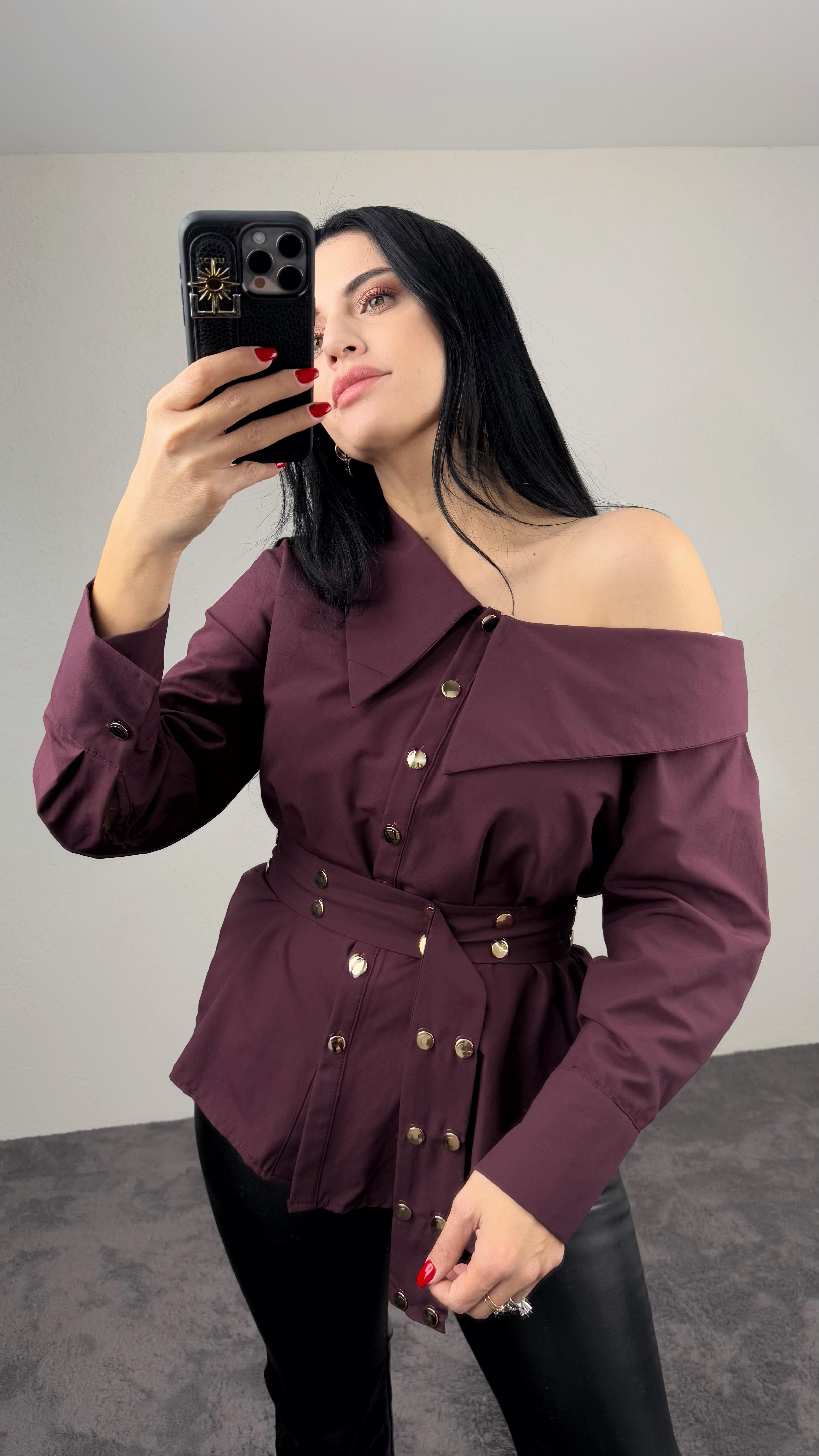 KEMERLİ TASARIM GÖMLEK BORDO