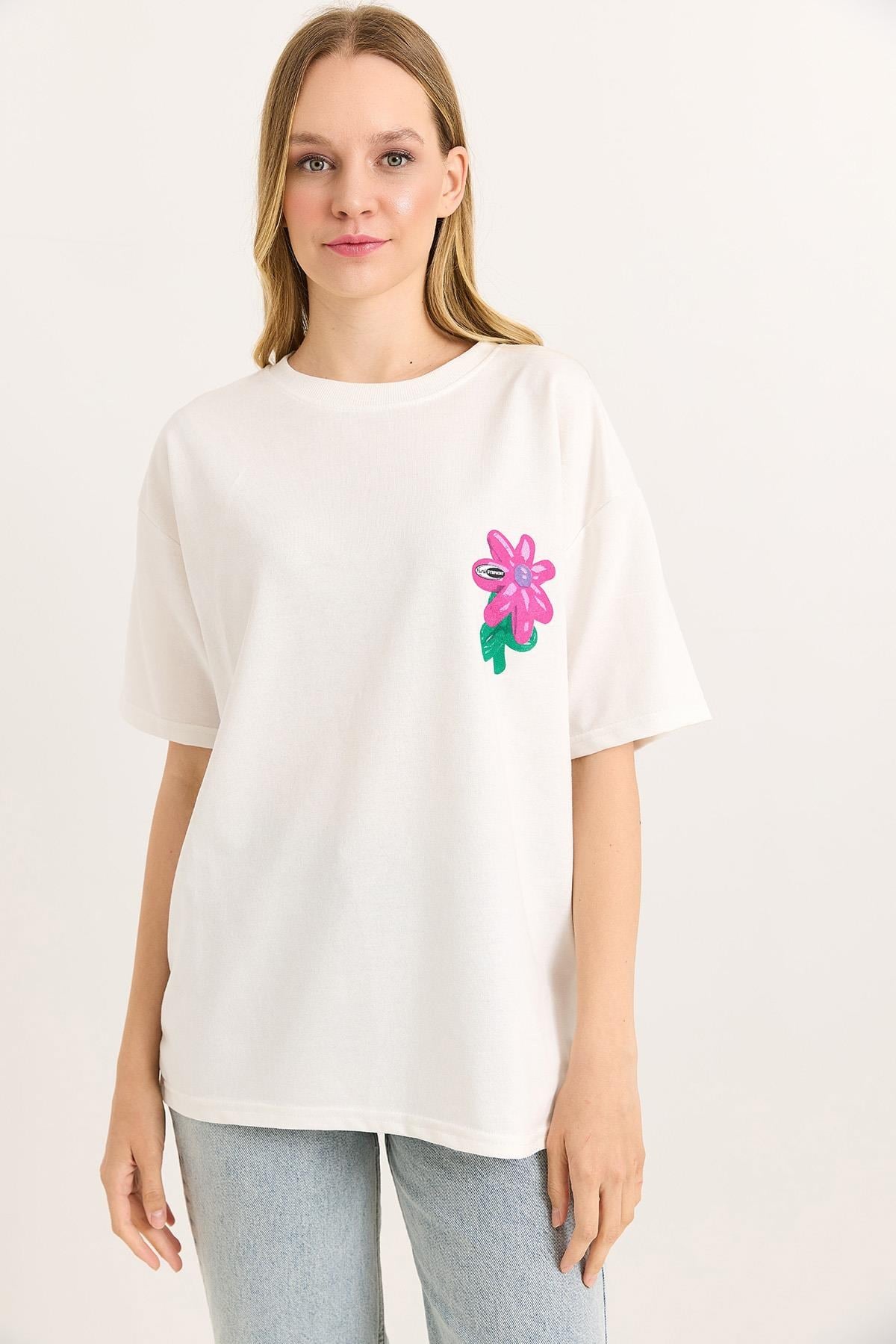 Baskılı Bisiklet Yaka Basic Tshirt Beyaz