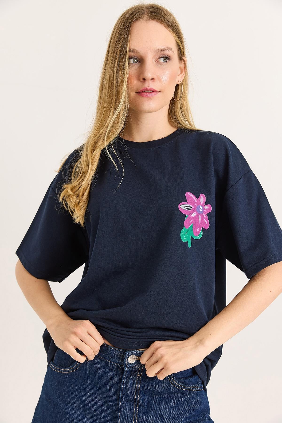 Baskılı Bisiklet Yaka Basic Tshirt Lacivert