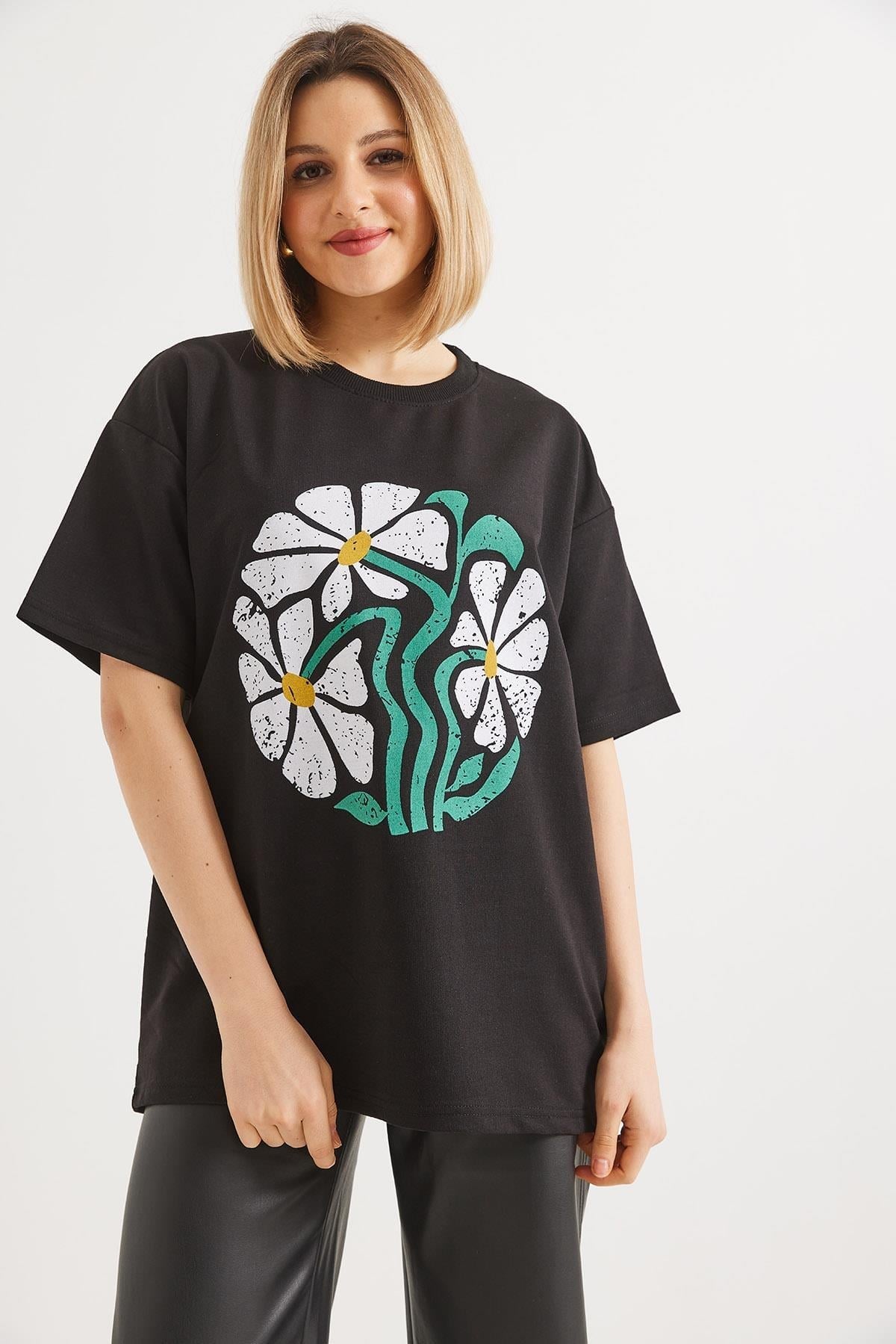 Baskılı Bisiklet Yaka Tshirt Siyah