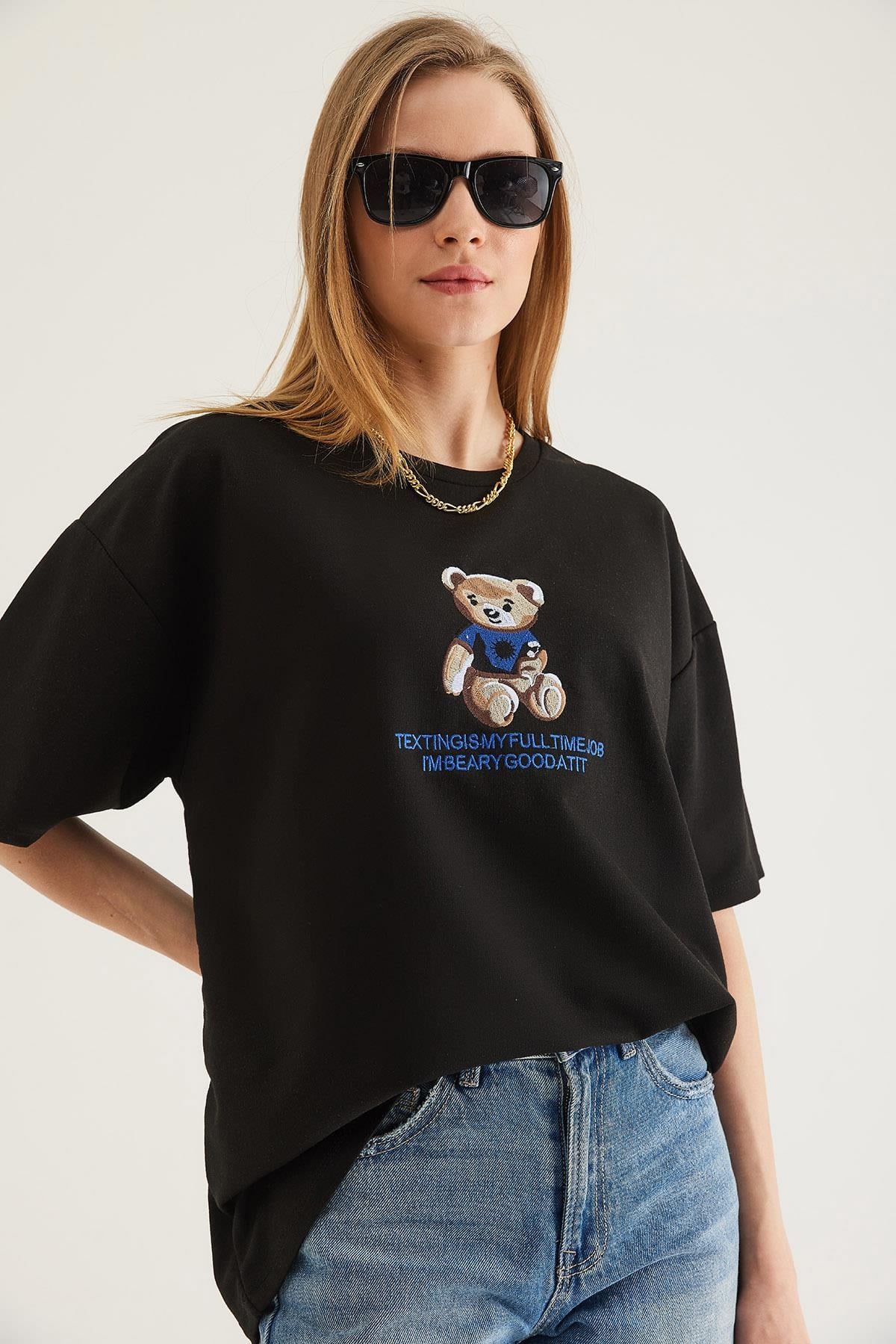 Baskılı Oversize Tshirt Siyah