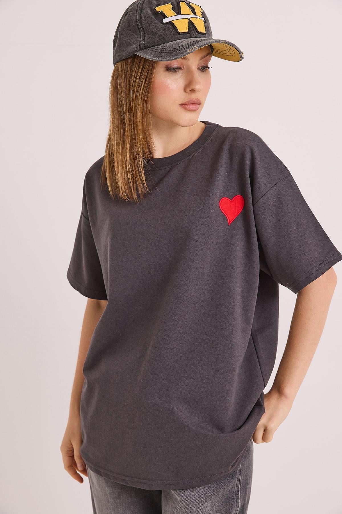 Bisiklet Yaka  Kısa Kol Basic Tshirt Füme