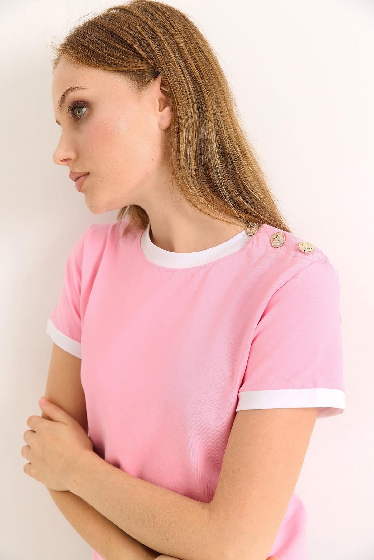 Bisiklet Yaka Kısa Kol Tshirt Pembe