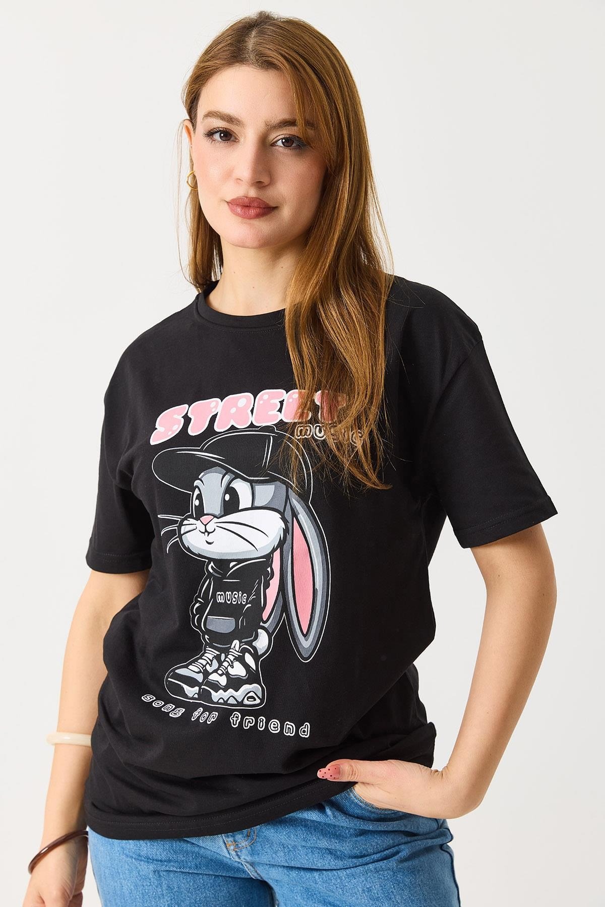 Kadın Baskılı Bisiklet Yaka Kısa Kol Tshirt Siyah