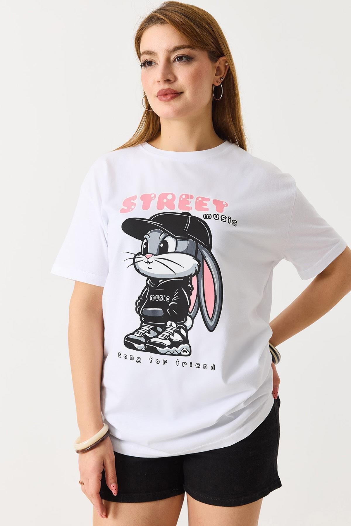 Kadın Baskılı Bisiklet Yaka Kısa Kol Tshirt Beyaz