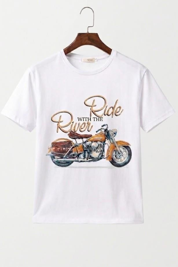 Kadın Bisiklet Yaka Motor Baskılı Tshirt Beyaz