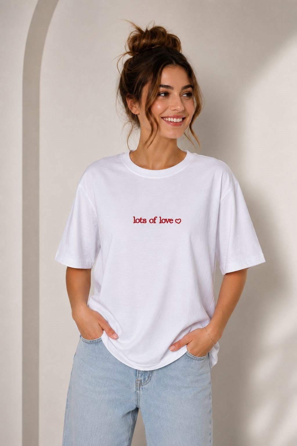 Kadın Bisiklet Yaka Oversize Baskılı Tshirt Beyaz