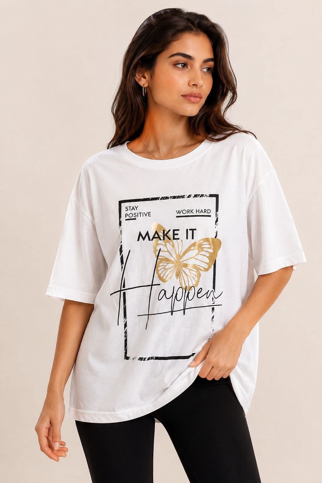 Kadın Bisiklet Yaka Rahat Kesim Tshirt Beyaz