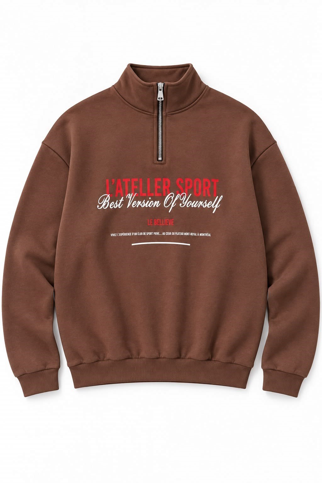Kadın Dik Yaka Yarım Fermuarlı Baskılı Sweatshirt Kahverengi