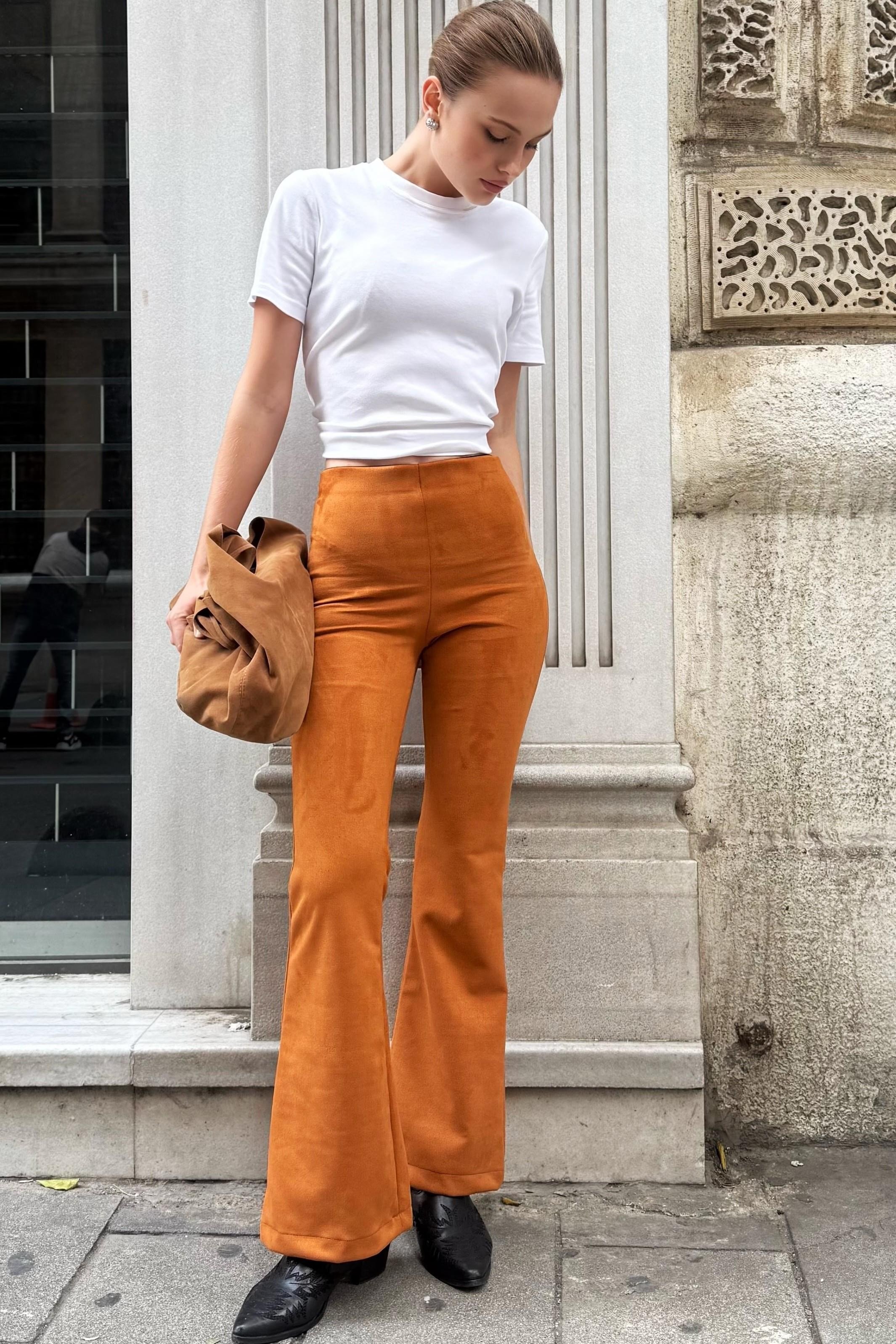 Kadın Süet İspanyol Paça Şık Pantalon Taba
