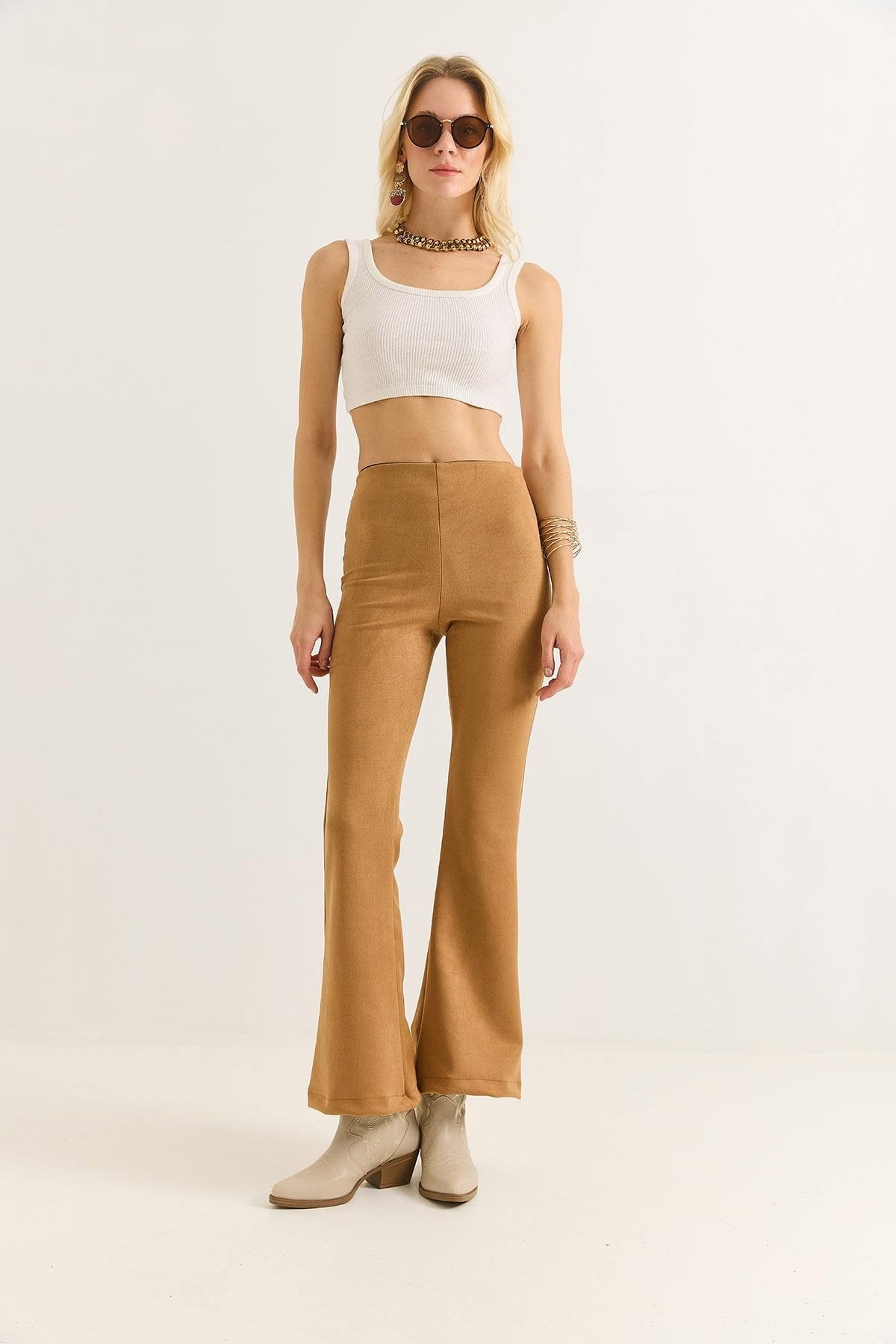 Kadın Süet İspanyol Paça Şık Pantalon Vizon