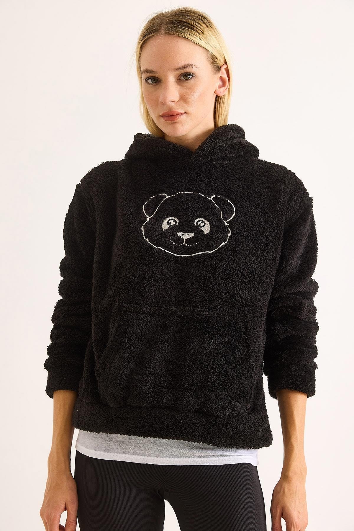 Kapüşonlu Nakış İşlemeli Peluş Sweatshirt  Siyah