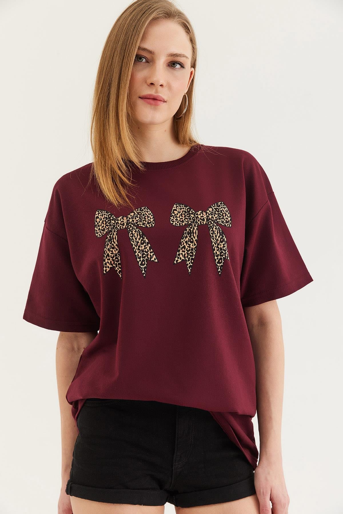 Kurdele Baskı Detaylı Basic Tshirt Bordo