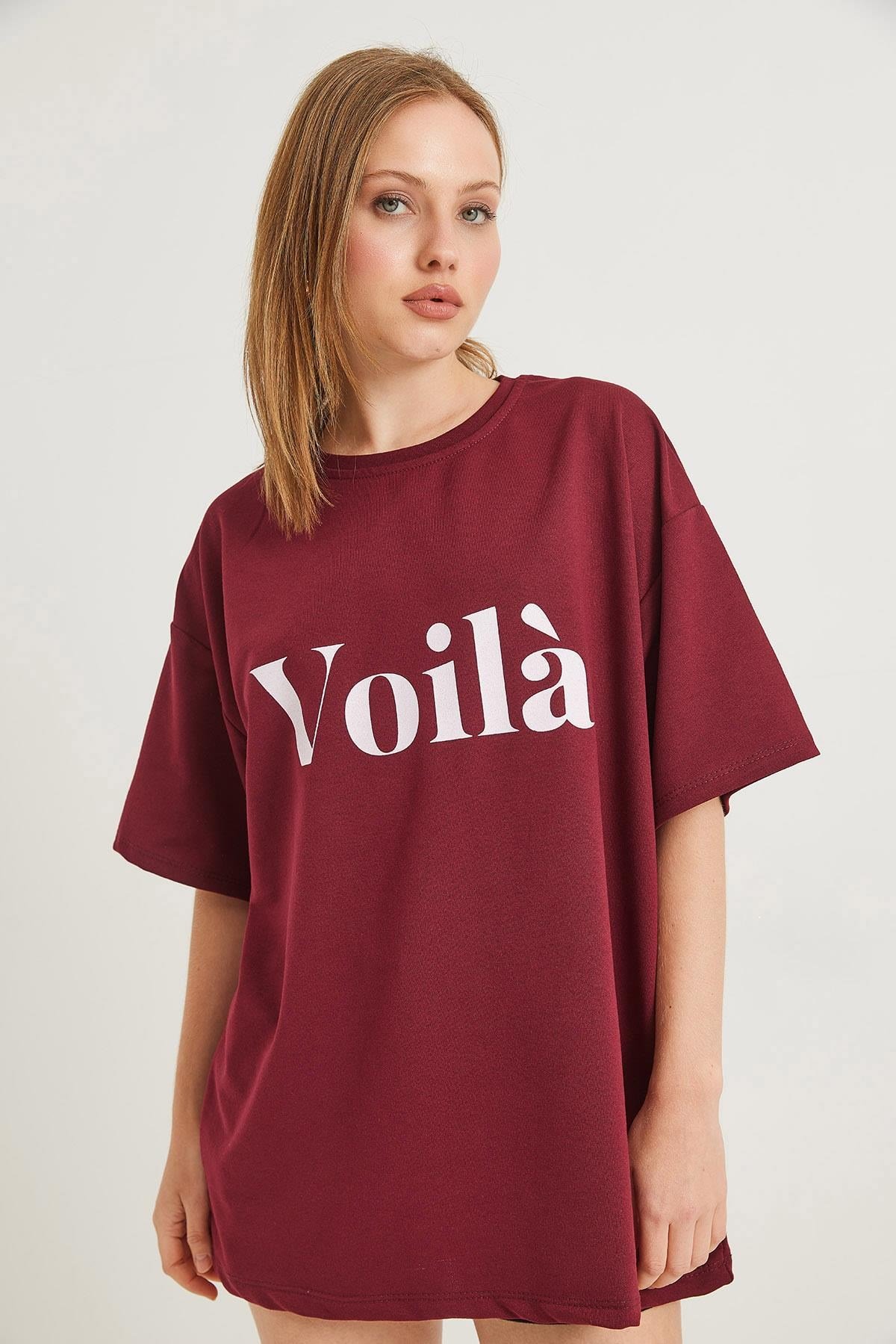 Voila Baskılı Oversize İki İplik Tshirt Bordo