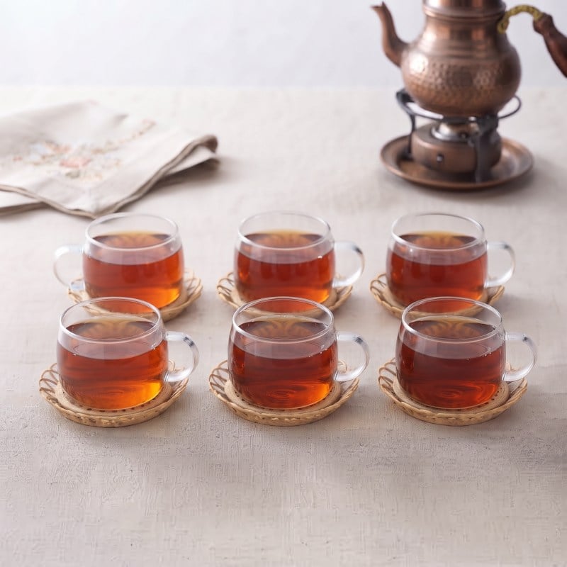 12 Parça El Yapımı Bambu Çay Seti - El Yapımı Bambu Bardak Altlığı - 6 Kişilik Fincan Takımı