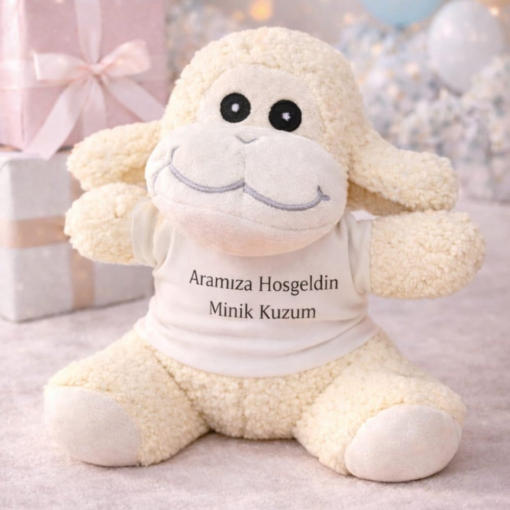 Aramıza Hoşgeldin Minik Kuzum Tişörtlü Sevimli Peluş Kuzu