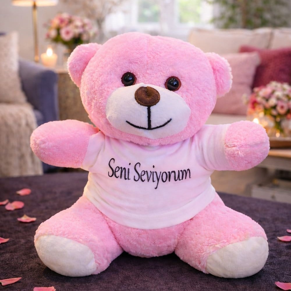 Seni Seviyorum Tişörtlü Pembe Peluş Ayıcık