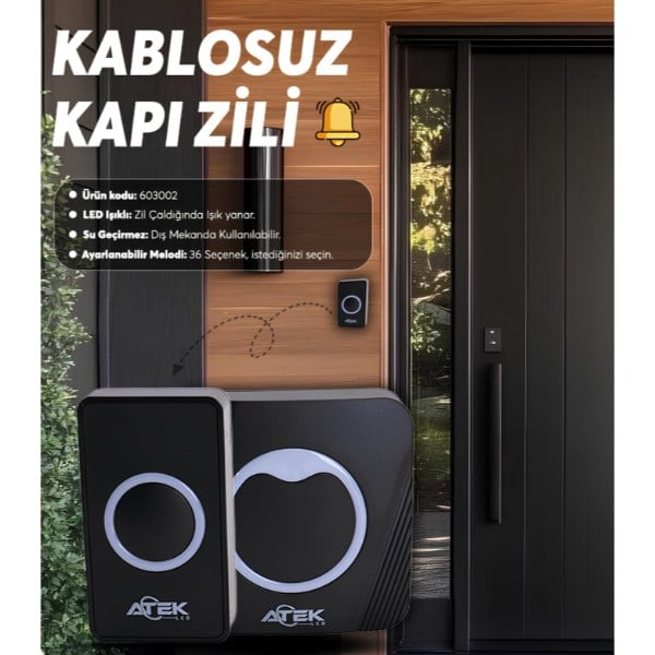 Siyah Kablosuz Su Geçirmez Kapı Zili