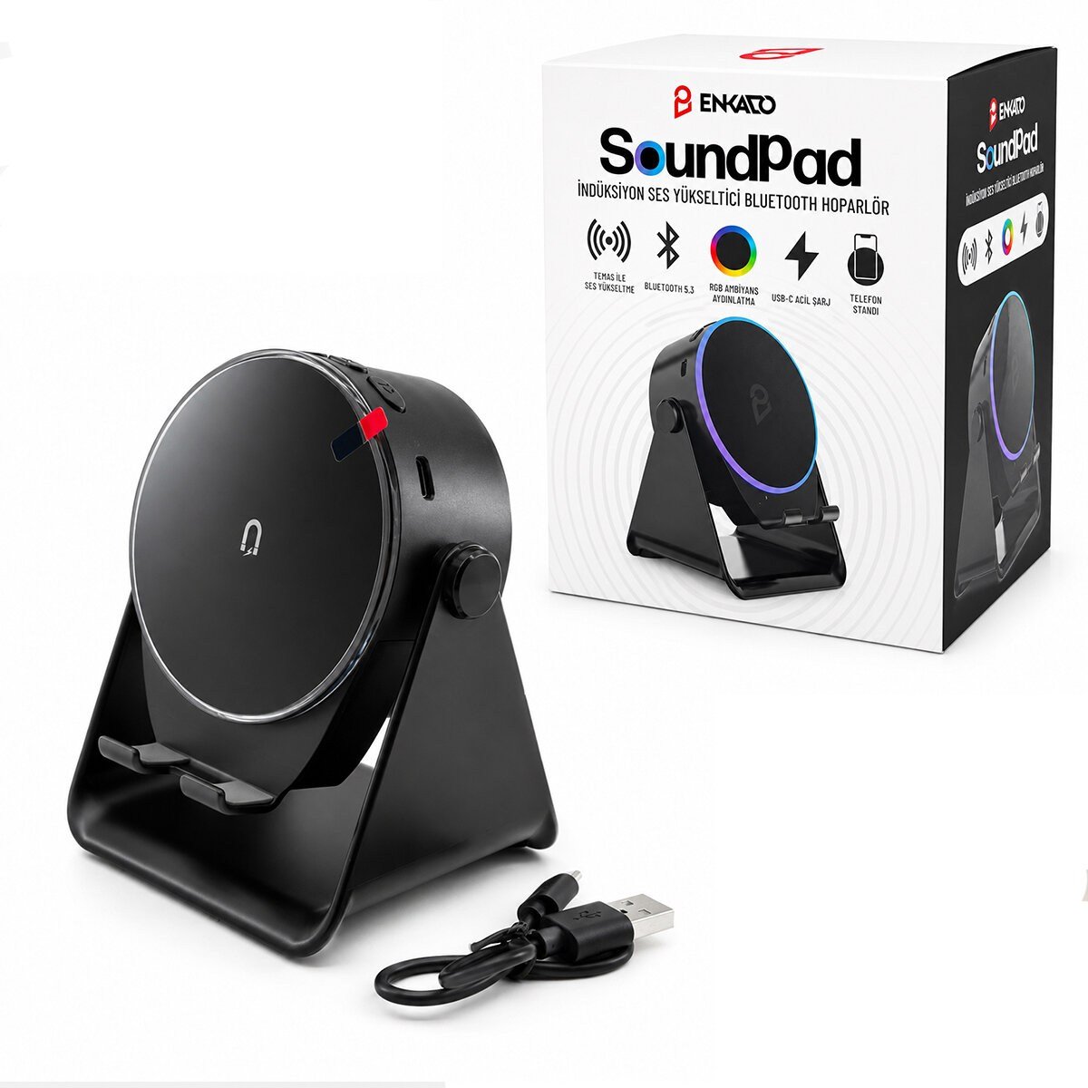 SoundPad Bluetooth Hoparlör - İndüksiyon Temas Özellikli - Telefon Standlı - Type-C Şarj - RGB Ambiyans Aydınlatma