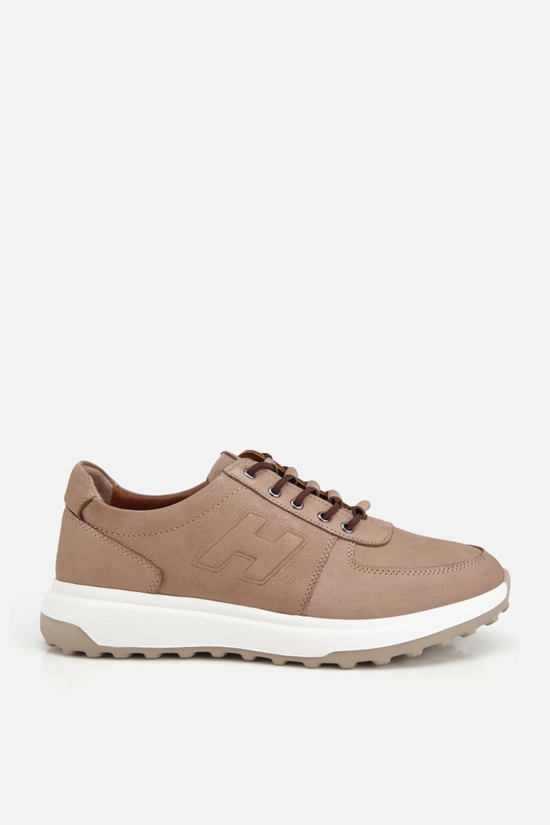 Erkek Bej Nubuk Deri Bağcık Detaylı Sneaker