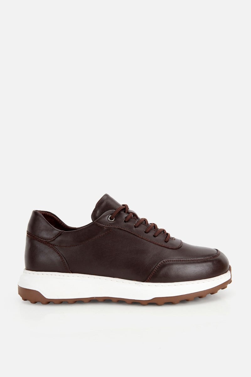 Erkek Kahverengi Deri Bağcıklı Kontrast Tabanlı Casual Sneaker
