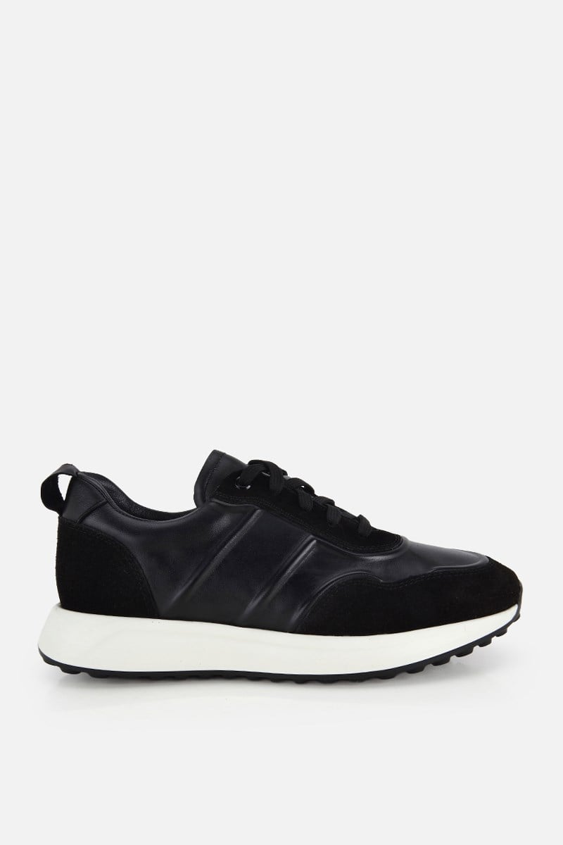 Erkek Siyah Deri Süet Detaylı Bağcıklı Sneaker