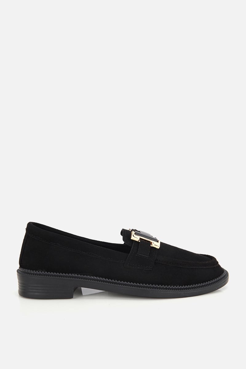 Kadın Siyah Süet Tokalı Klasik Loafer